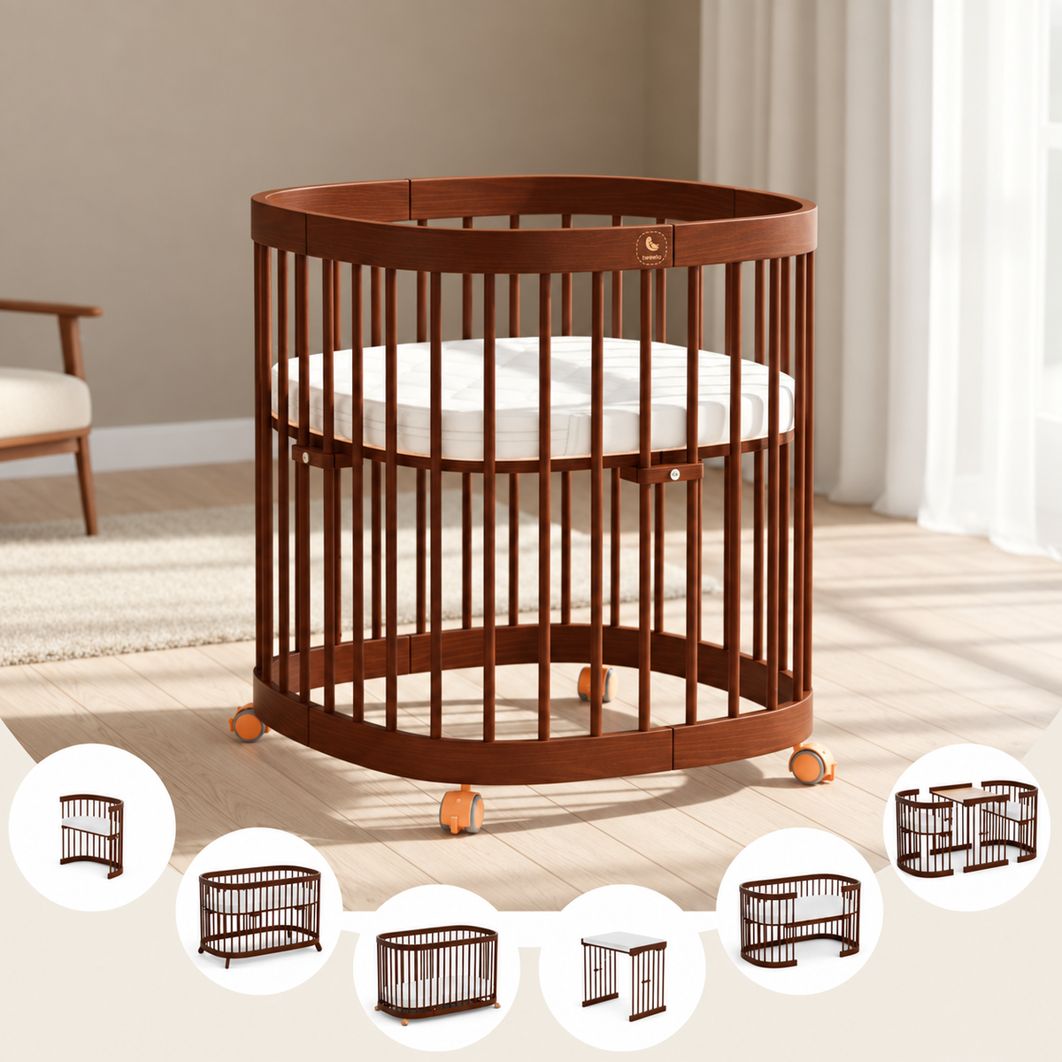 tweeto® Babybett 7 in 1 inkl. Matratze (atmungsaktiver Kaltschaum)