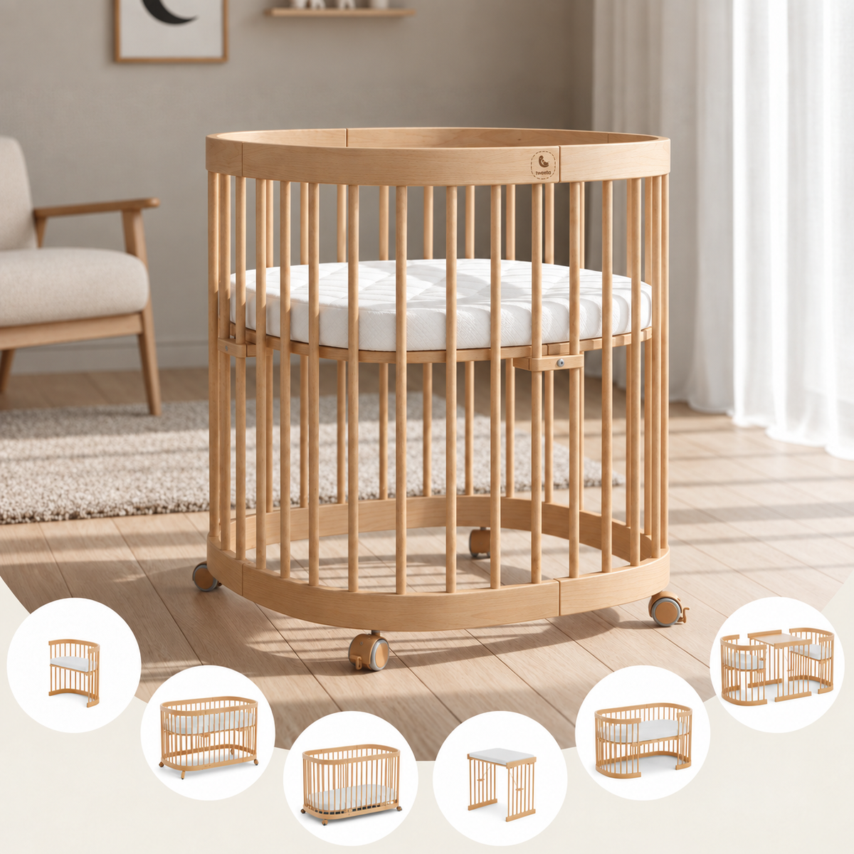 tweeto® Babybett 7 in 1 inkl. Matratze (atmungsaktiver Kaltschaum)