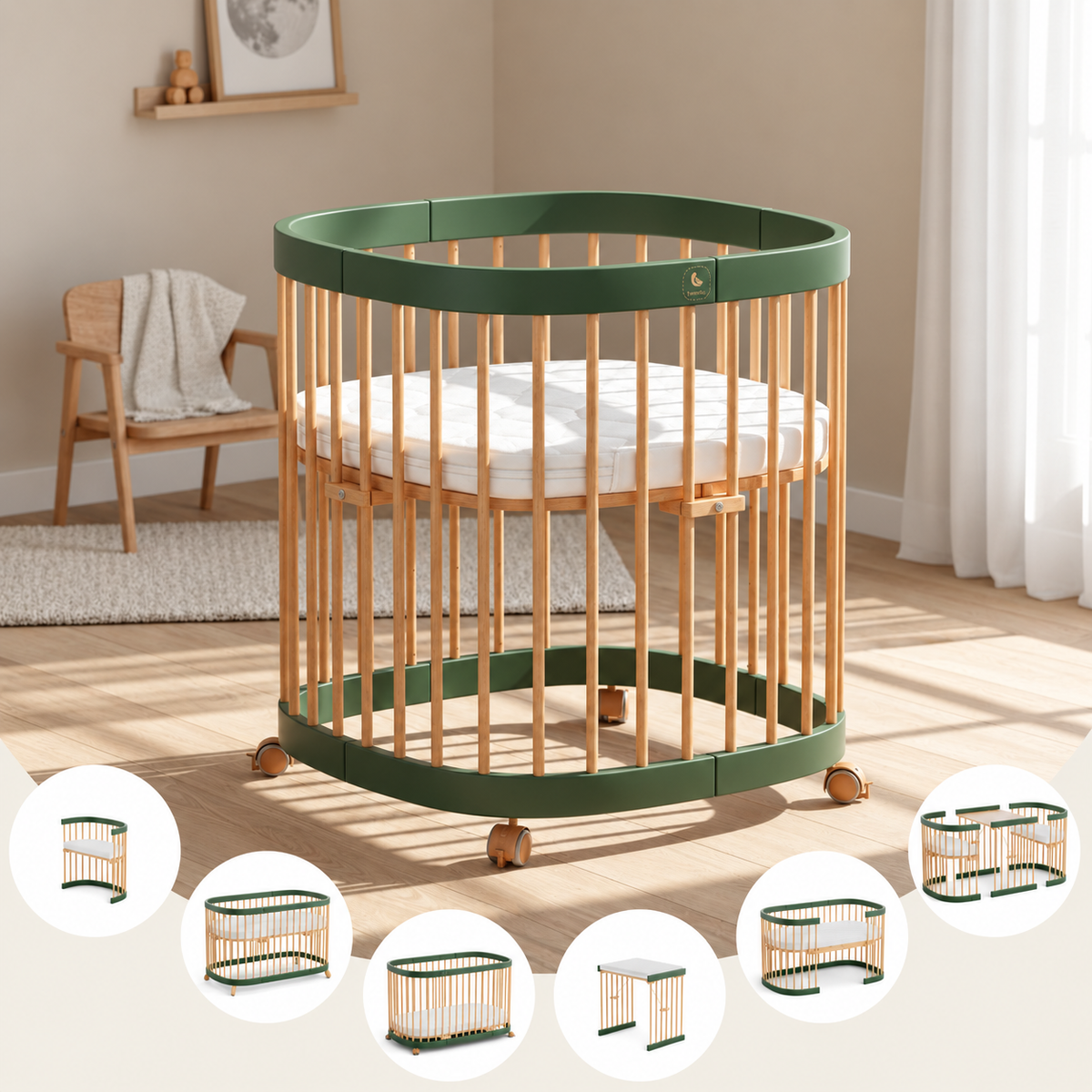tweeto® Babybett 7 in 1 inkl. Matratze (atmungsaktiver Kaltschaum)