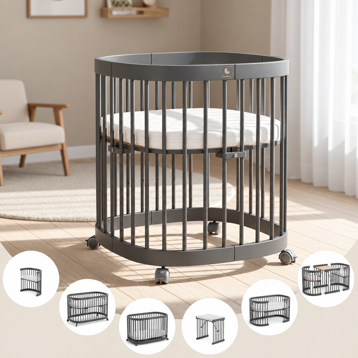 tweeto® Babybett 7 in 1 inkl. Matratze (atmungsaktiver Kaltschaum)
