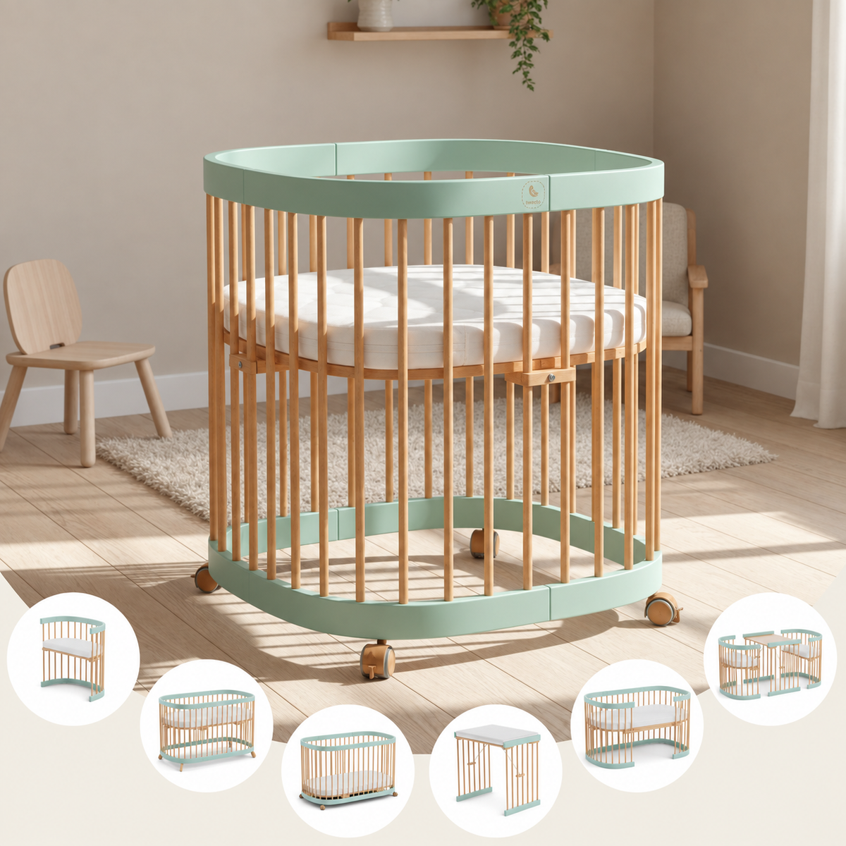 tweeto® Babybett 7 in 1 inkl. Matratze (atmungsaktiver Kaltschaum)