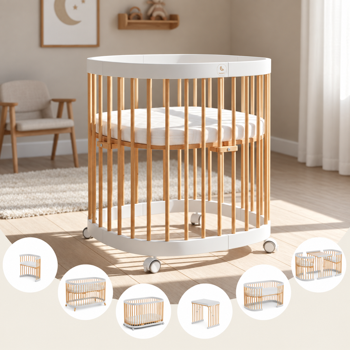 tweeto® Babybett 7 in 1 inkl. Matratze (atmungsaktiver Kaltschaum)