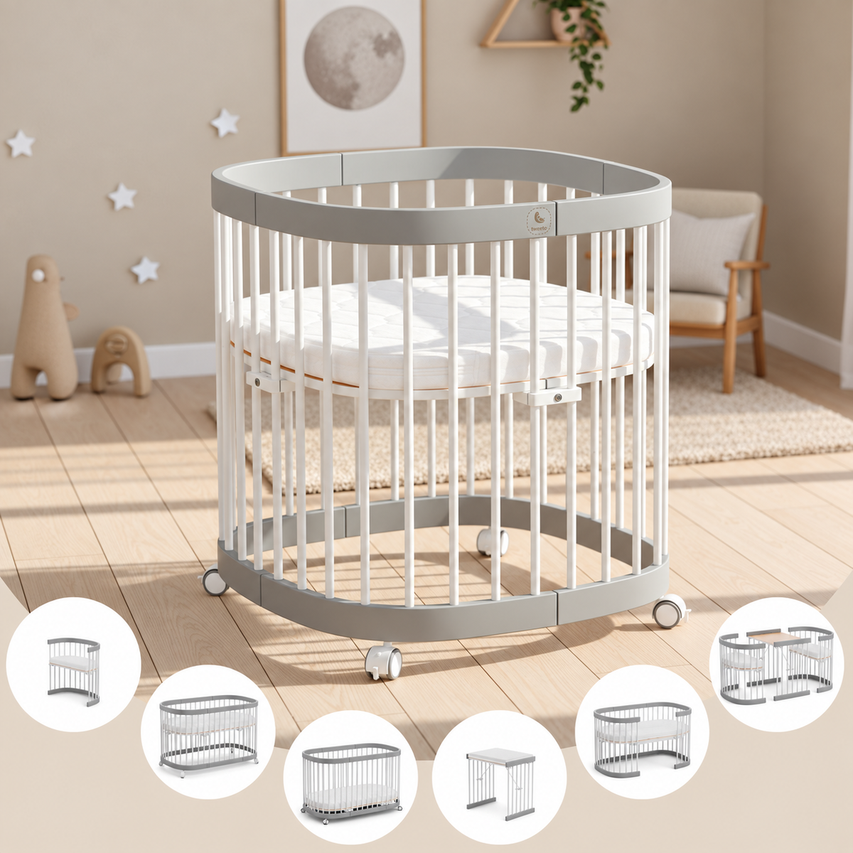 tweeto® Babybett 7 in 1 inkl. Matratze (atmungsaktiver Kaltschaum)