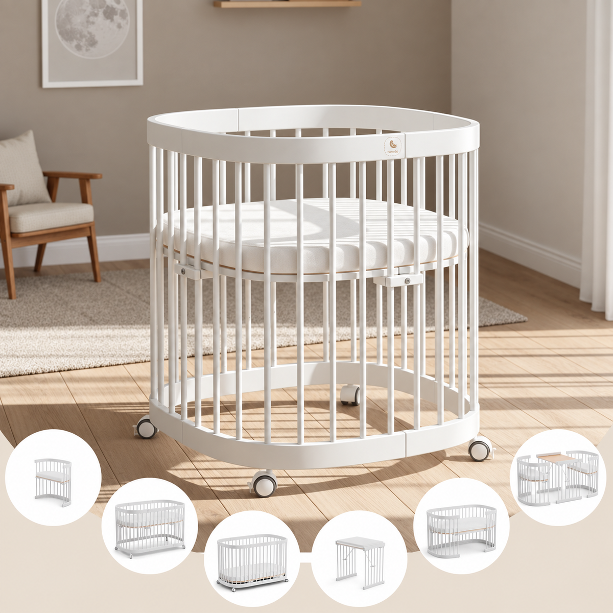 tweeto® Babybett 7 in 1 inkl. Matratze (atmungsaktiver Kaltschaum)